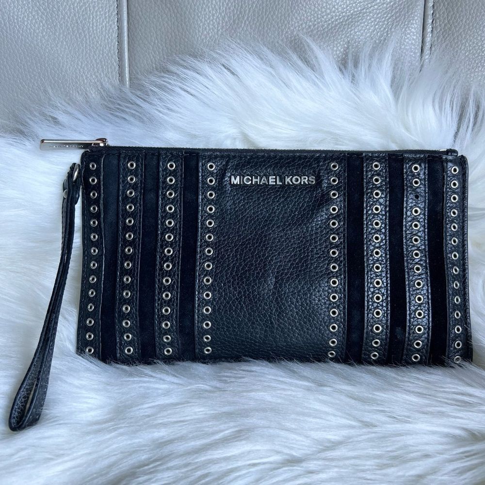 MICHAEL KORS Mini Black Leather Suede Studded Clutch Grommets Wristlet Rock Punk